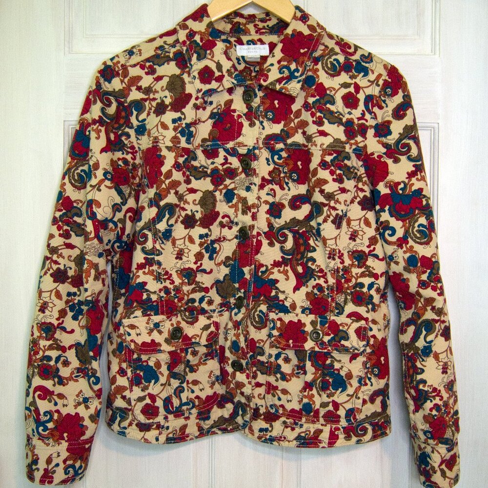 Denim Jacket Cream Floral with Bronze Buttons Stretch Blazer Petite Small